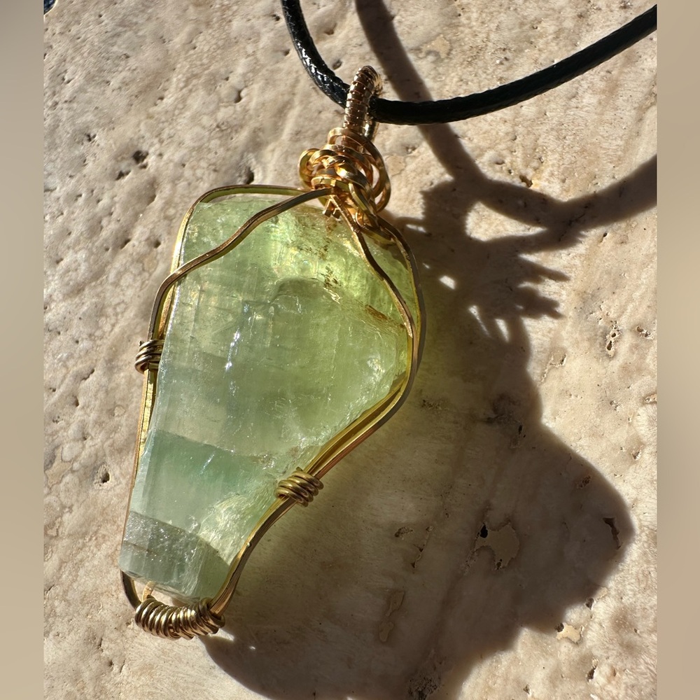 Tarnish Resistant Gold Grounding Copper
 Prasiolite Necklace on leather cord
